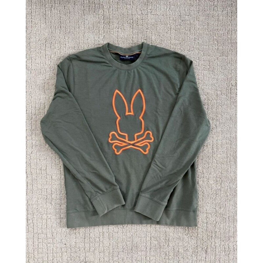 Psycho Bunny Floyd Crewneck Sweatshirt Mens L Green Orange French Terry Pullover